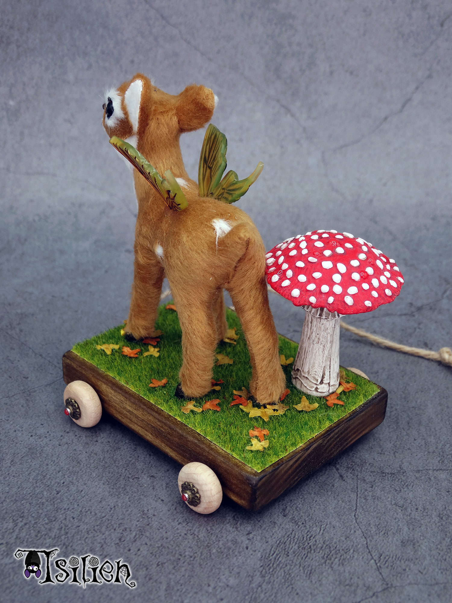Juguete de arrastre de cervatillo alado para muñecas Blythe y similares (escala 1:6), con inspiración otoñal. Carrito de madera, con ruedas funcionales.