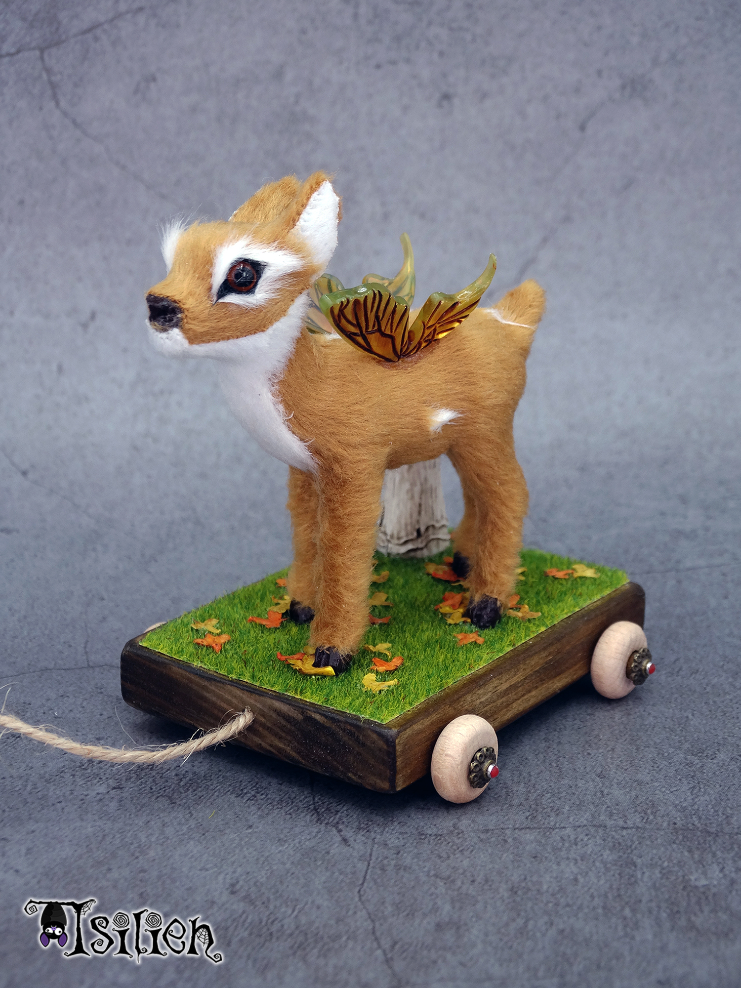 Juguete de arrastre de cervatillo alado para muñecas Blythe y similares (escala 1:6), con inspiración otoñal. Carrito de madera, con ruedas funcionales.