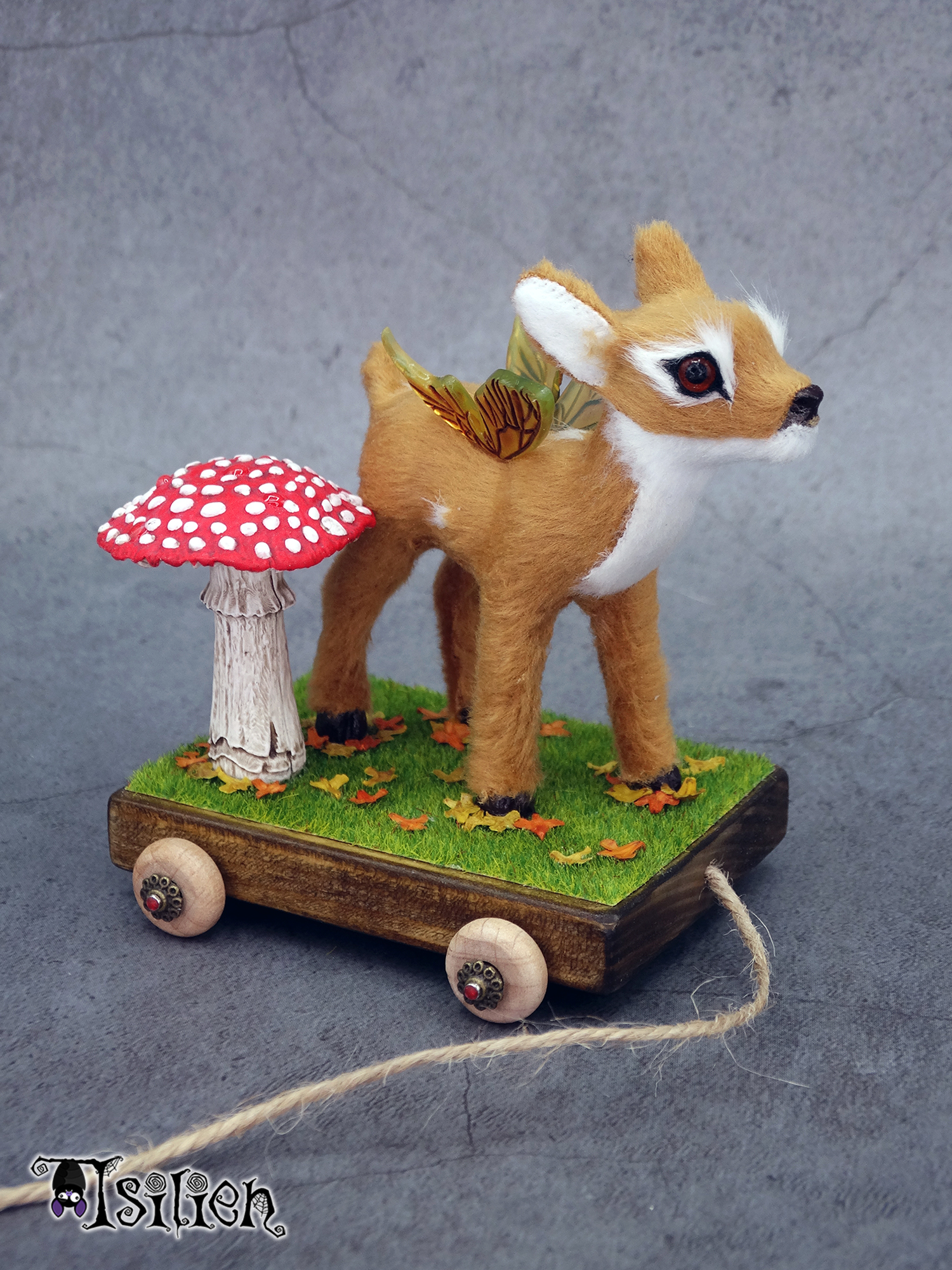 Juguete de arrastre de cervatillo alado para muñecas Blythe y similares (escala 1:6), con inspiración otoñal. Carrito de madera, con ruedas funcionales.