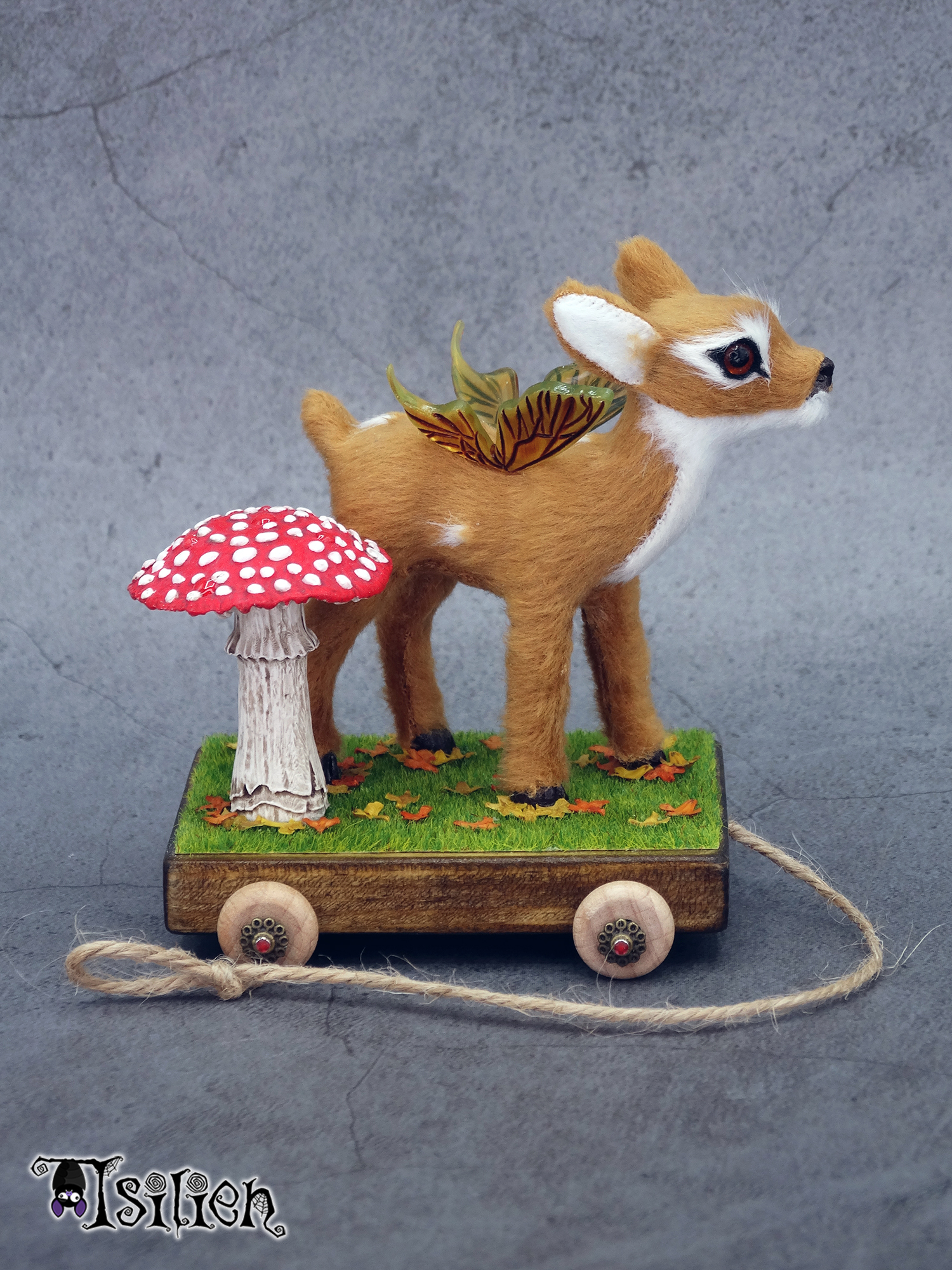 Juguete de arrastre de cervatillo alado para muñecas Blythe y similares (escala 1:6), con inspiración otoñal. Carrito de madera, con ruedas funcionales.