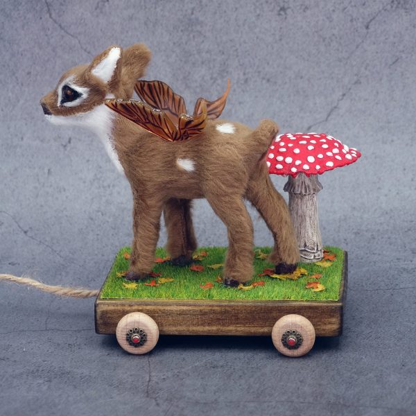 Juguete de arrastre de cervatillo alado para muñecas Blythe y similares (escala 1:6), con inspiración otoñal. Carrito de madera, con ruedas funcionales.
