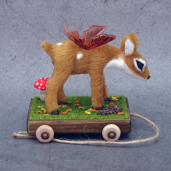 Juguete de arrastre de cervatillo alado para muñecas Blythe y similares (escala 1:6), con inspiración otoñal. Carrito de madera, con ruedas funcionales.