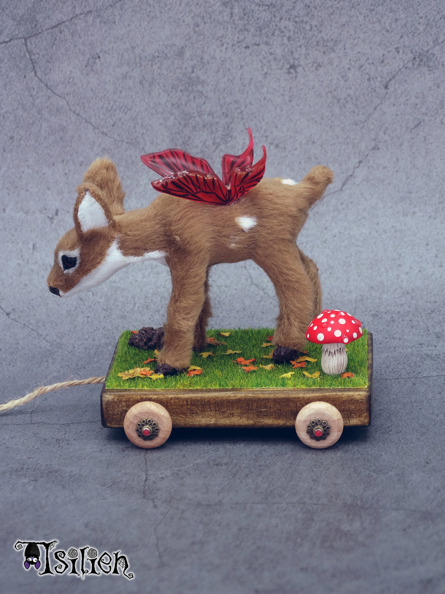 Juguete de arrastre de cervatillo alado para muñecas Blythe y similares (escala 1:6), con inspiración otoñal. Carrito de madera, con ruedas funcionales.