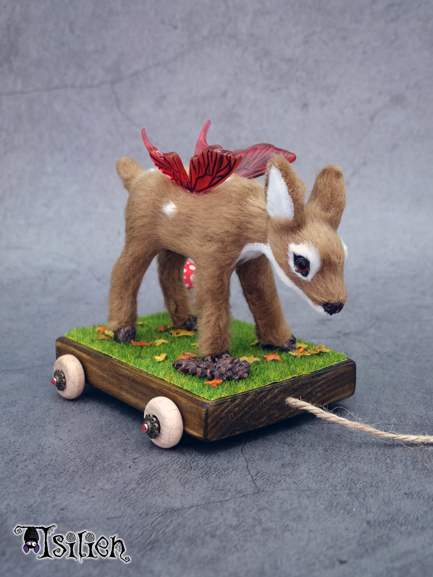 Juguete de arrastre de cervatillo alado para muñecas Blythe y similares (escala 1:6), con inspiración otoñal. Carrito de madera, con ruedas funcionales.