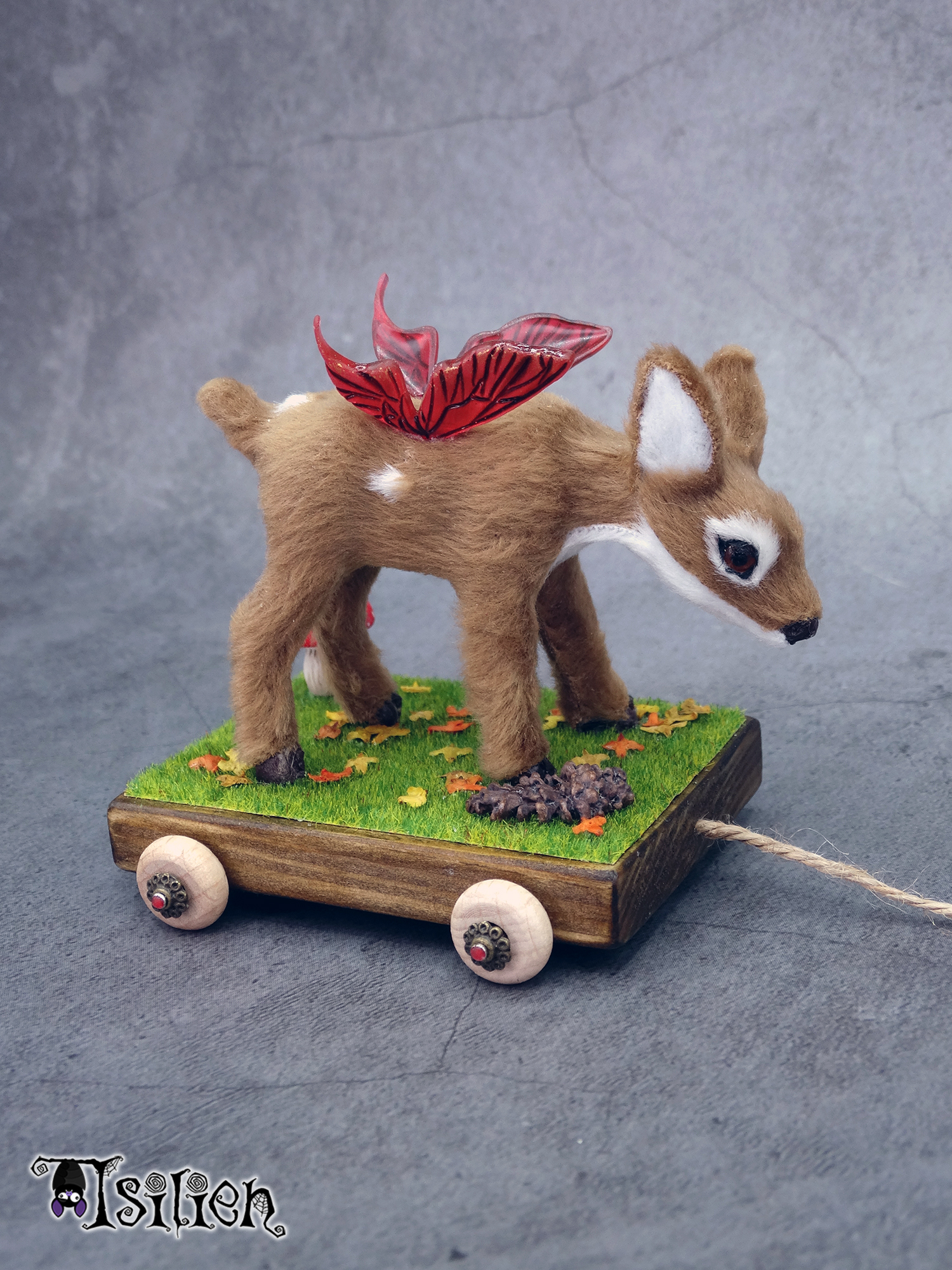 Juguete de arrastre de cervatillo alado para muñecas Blythe y similares (escala 1:6), con inspiración otoñal. Carrito de madera, con ruedas funcionales.