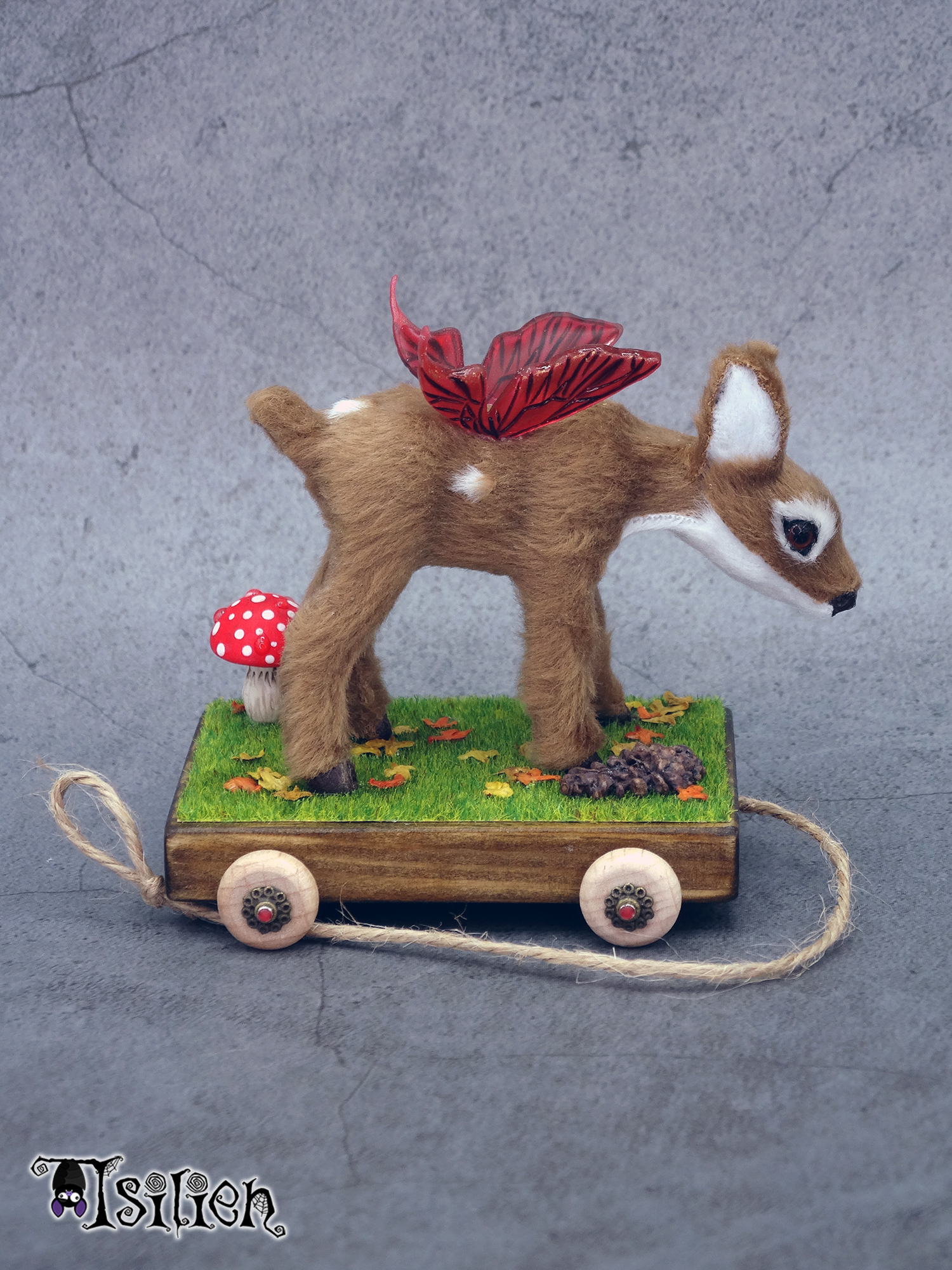 Juguete de arrastre de cervatillo alado para muñecas Blythe y similares (escala 1:6), con inspiración otoñal. Carrito de madera, con ruedas funcionales.