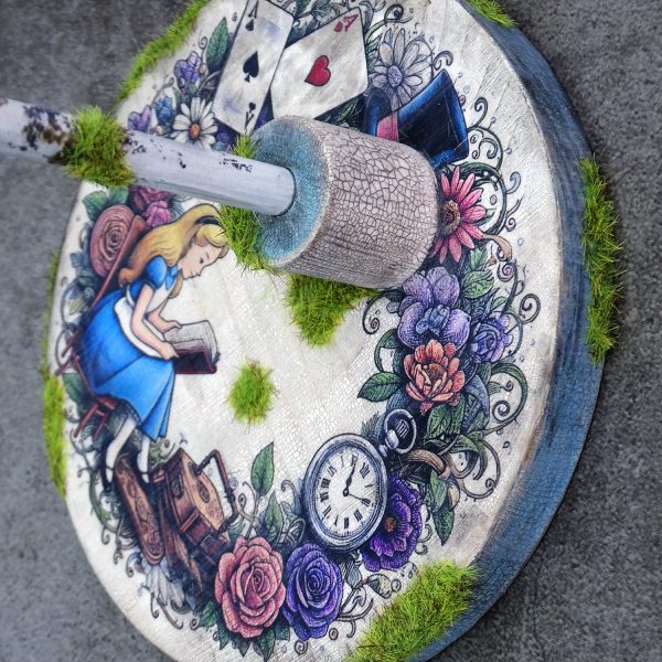 Wooden stand for Blythe dolls (and similar dolls, 1/6 scale), inspired by Alice in Wonderland. With aged effect, and grass.