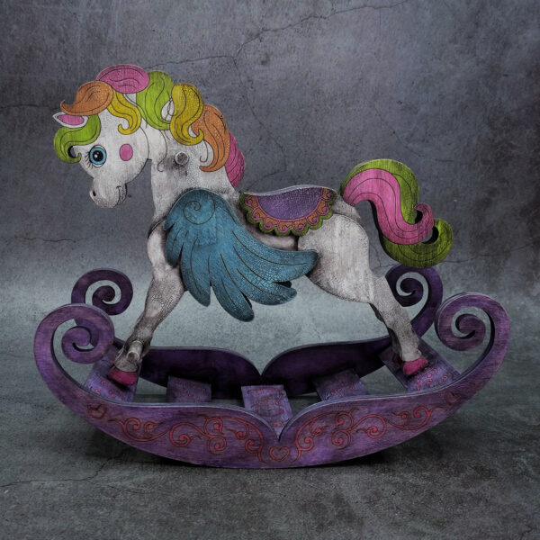 Caballito (Pegaso) balancín de madera para Blythe y muñecas a escala 1:6 o miniatura decorativa. Diseño exclusivo de Isilien. Hecho y pintado a mano. Con efecto envejecido. Perfecto para dioramas y fotografía de muñecas.